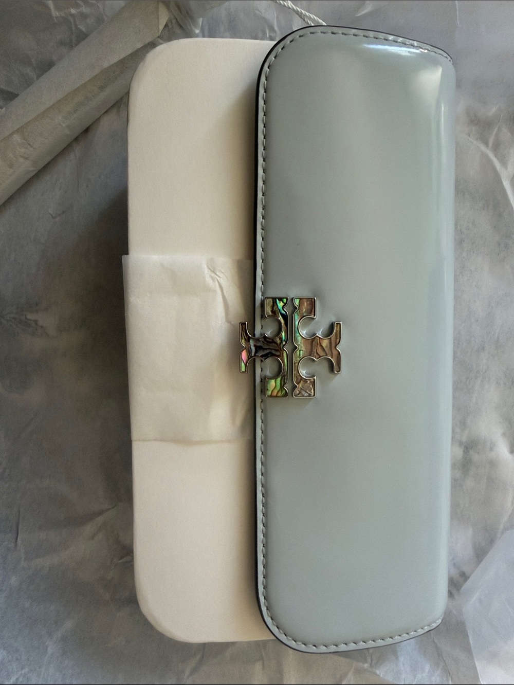 Tory Burch Light Blue Patent Logo Clutch